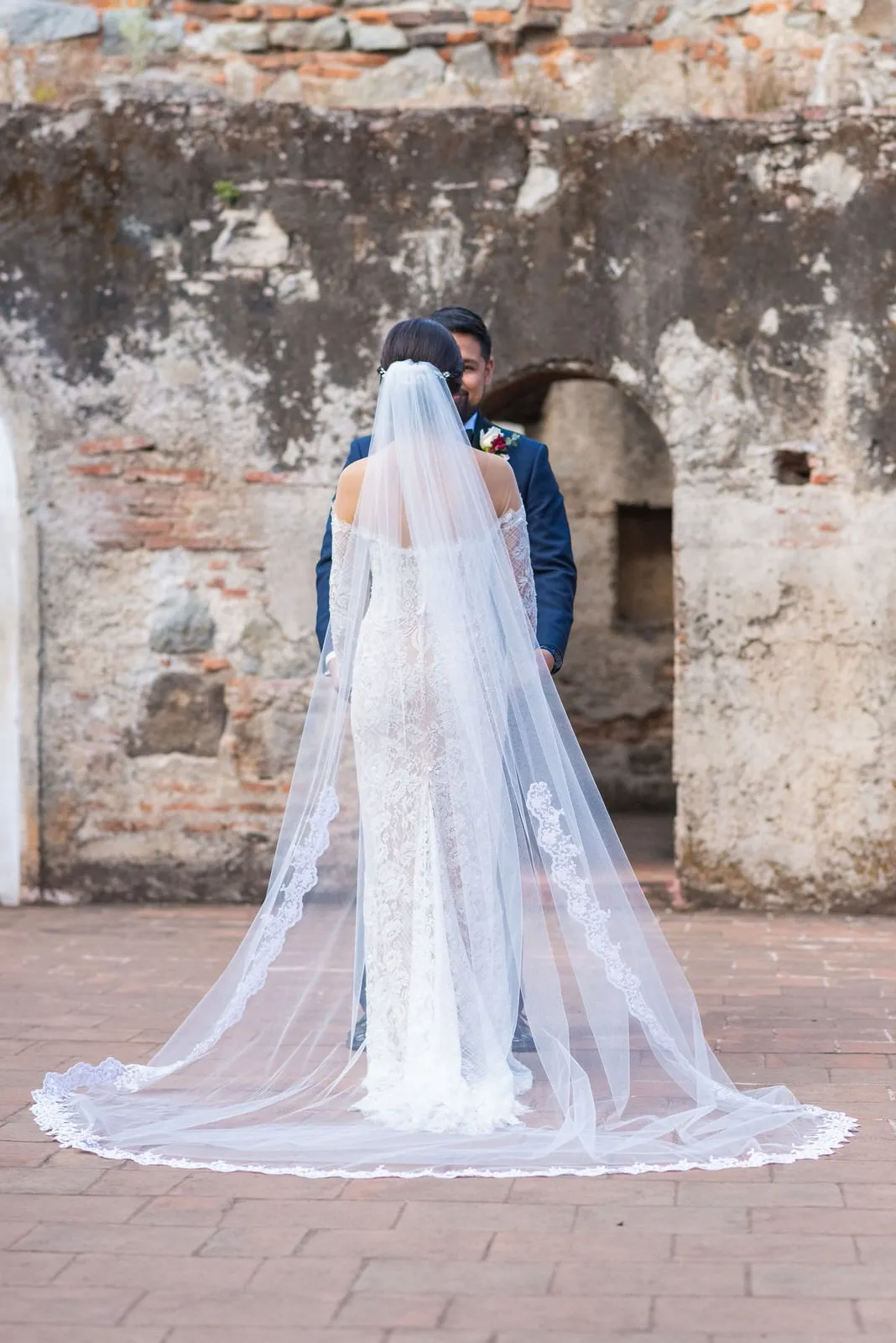 Long Cathedral Wedding Veil with Swirl Lace Trim