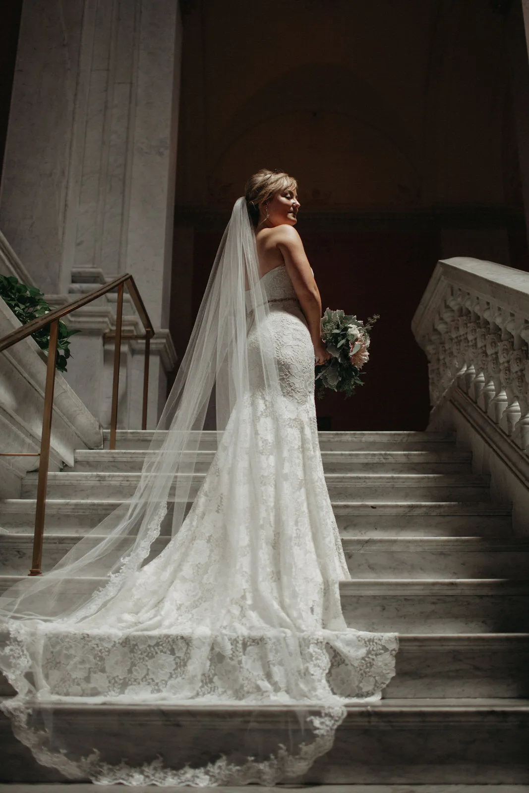 Long Cathedral Wedding Veil with Swirl Lace Trim