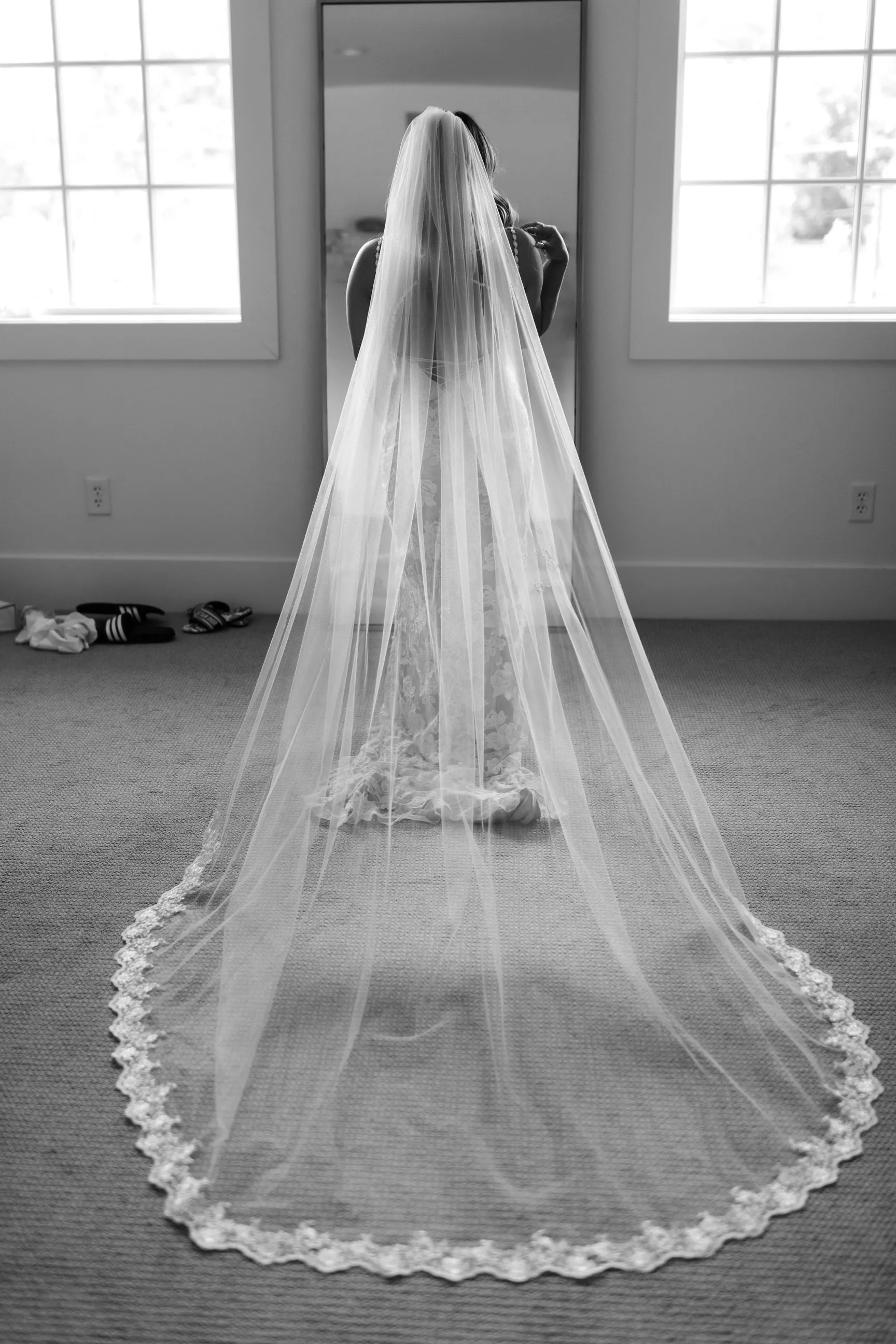 Long Cathedral Wedding Veil with Swirl Lace Trim