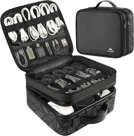 MATEIN Cable Organizer Bag, Waterproof Travel Electronic Storage with Adjustable Divider, Shockproof Portable Double Layer Tech Bag Carrying Case for Cord, Earbuds, Charger, SD Card, DJ Gifts, Black