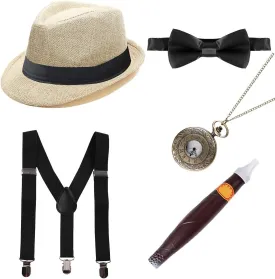 MYRISAM 1920s Mens Gatsby Gangster Costume 5pcs Accessories Set, Suspenders, Bow Tie, Plastic Cigar, Pocket Watch, Fedora Hat