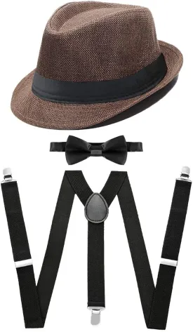 MYRISAM Unisex Adults 1920s Gatsby Gangster Party Costume Accessories Set Mens Fedora Hat Suspenders Bow Tie 3pcs Outfit