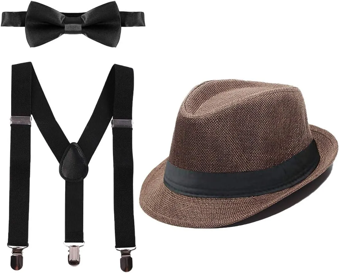 MYRISAM Unisex Adults 1920s Gatsby Gangster Party Costume Accessories Set Mens Fedora Hat Suspenders Bow Tie 3pcs Outfit