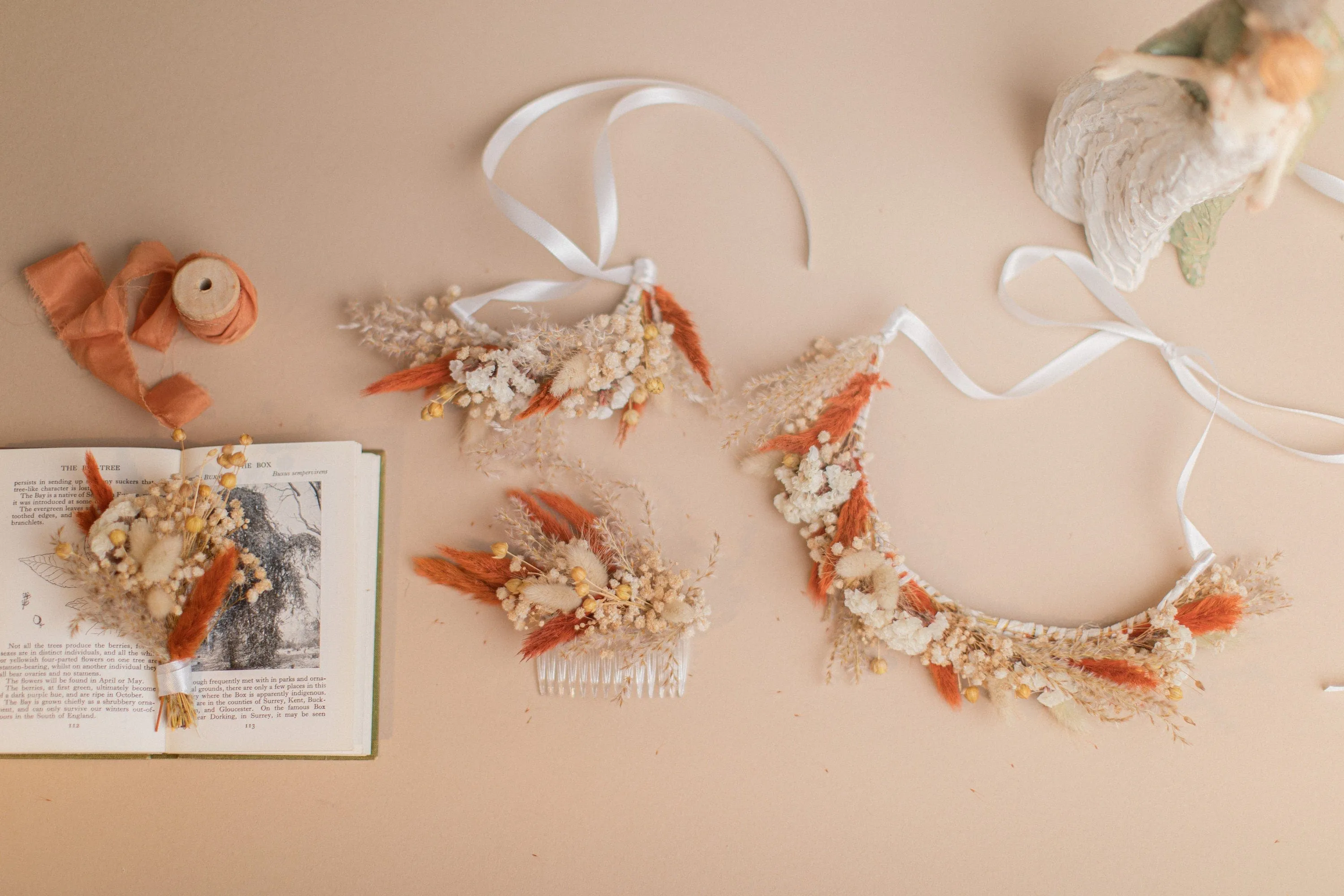 Natural Gypsophila & Burnt Orange Hair Crown Wedding Boho Set / Wedding Dried Flowers