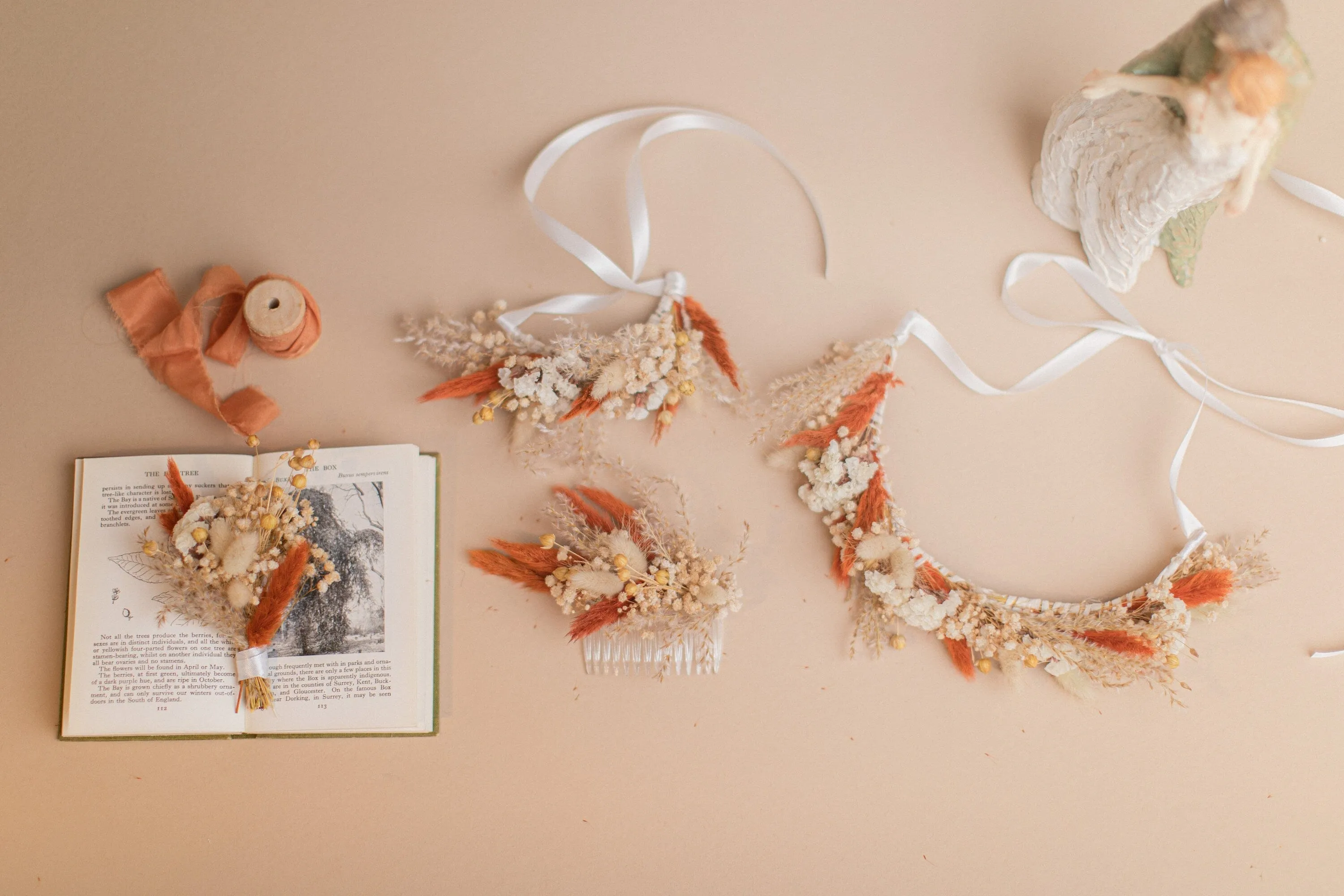 Natural Gypsophila & Burnt Orange Hair Crown Wedding Boho Set / Wedding Dried Flowers