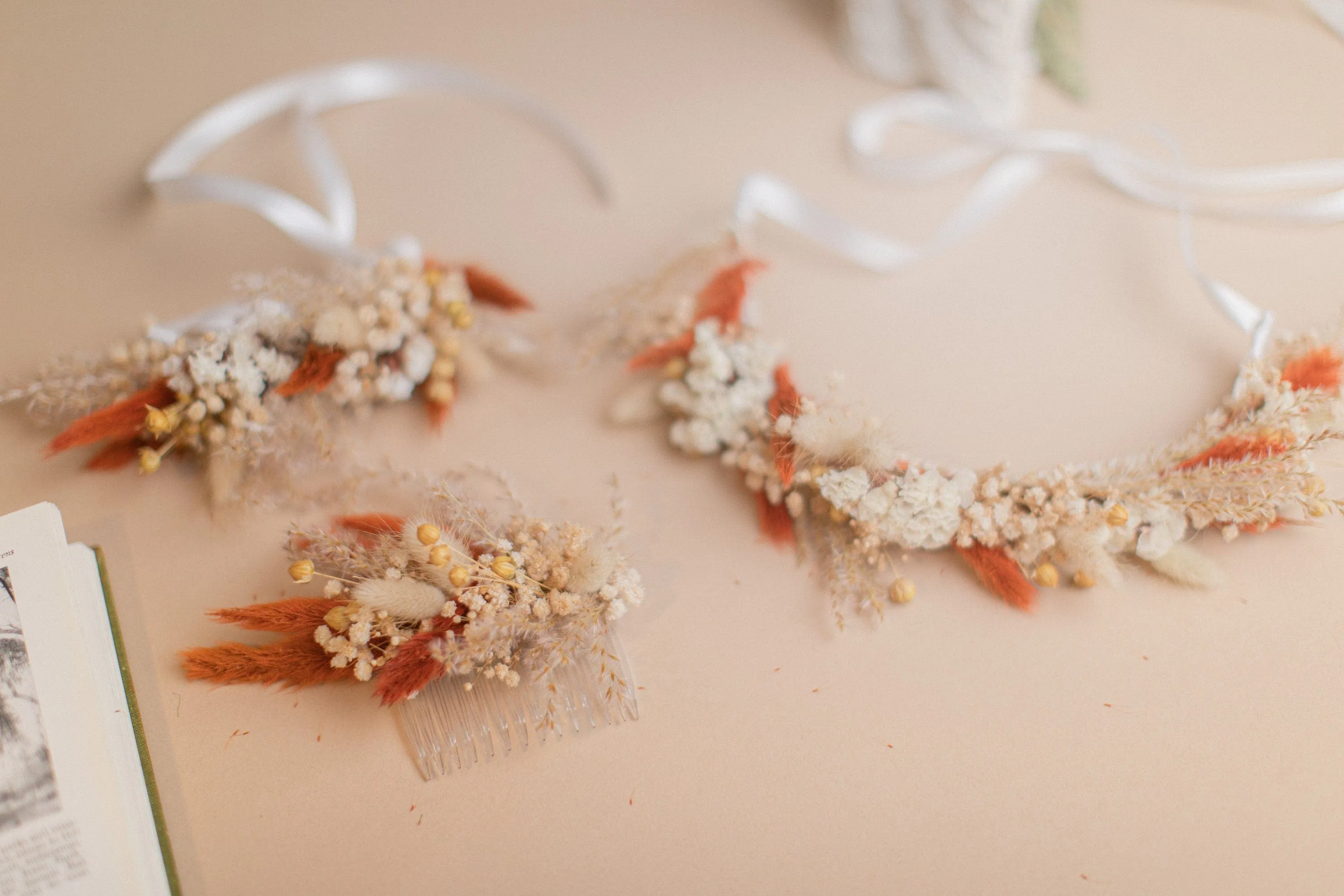 Natural Gypsophila & Burnt Orange Hair Crown Wedding Boho Set / Wedding Dried Flowers