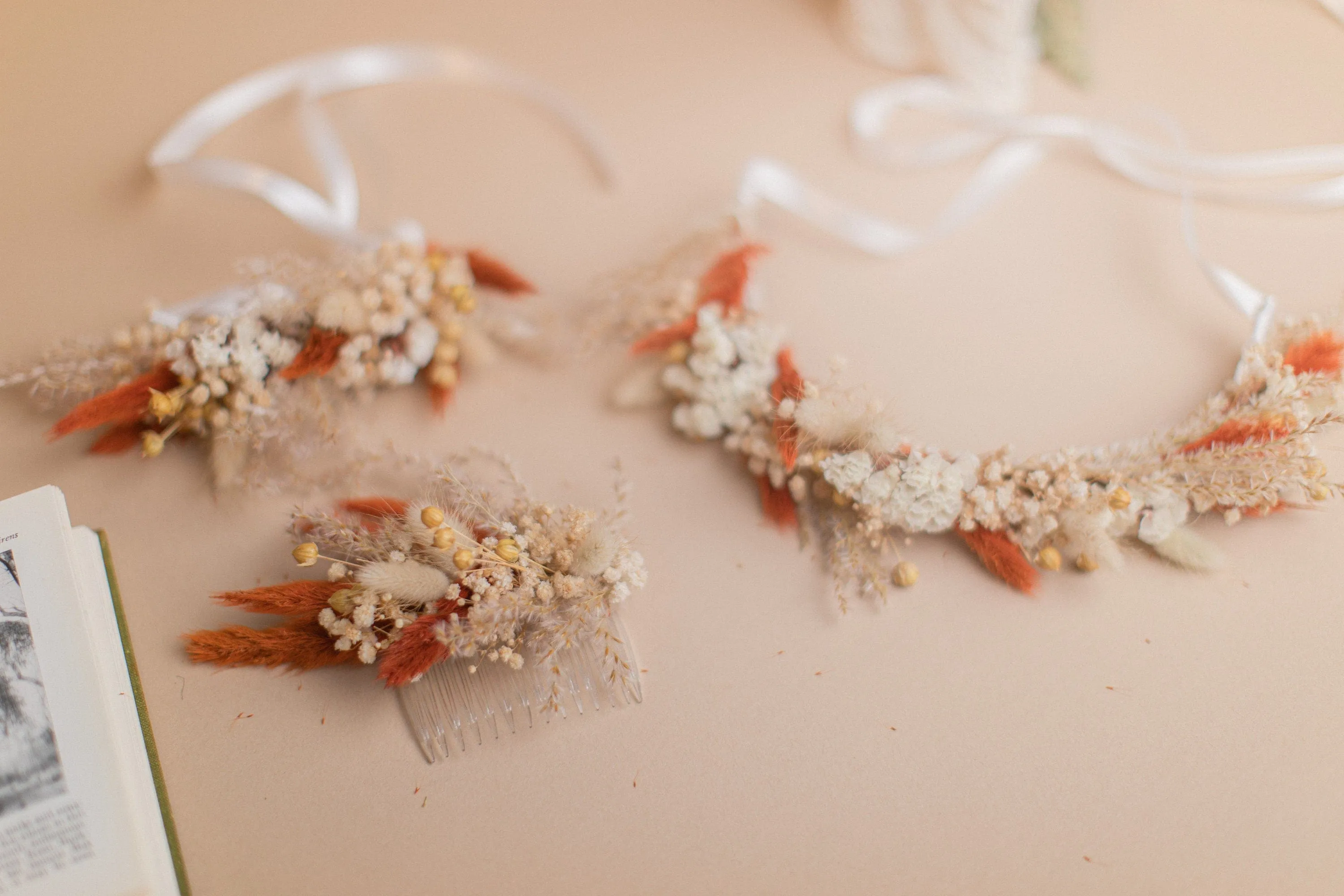 Natural Gypsophila & Burnt Orange Hair Crown Wedding Boho Set / Wedding Dried Flowers