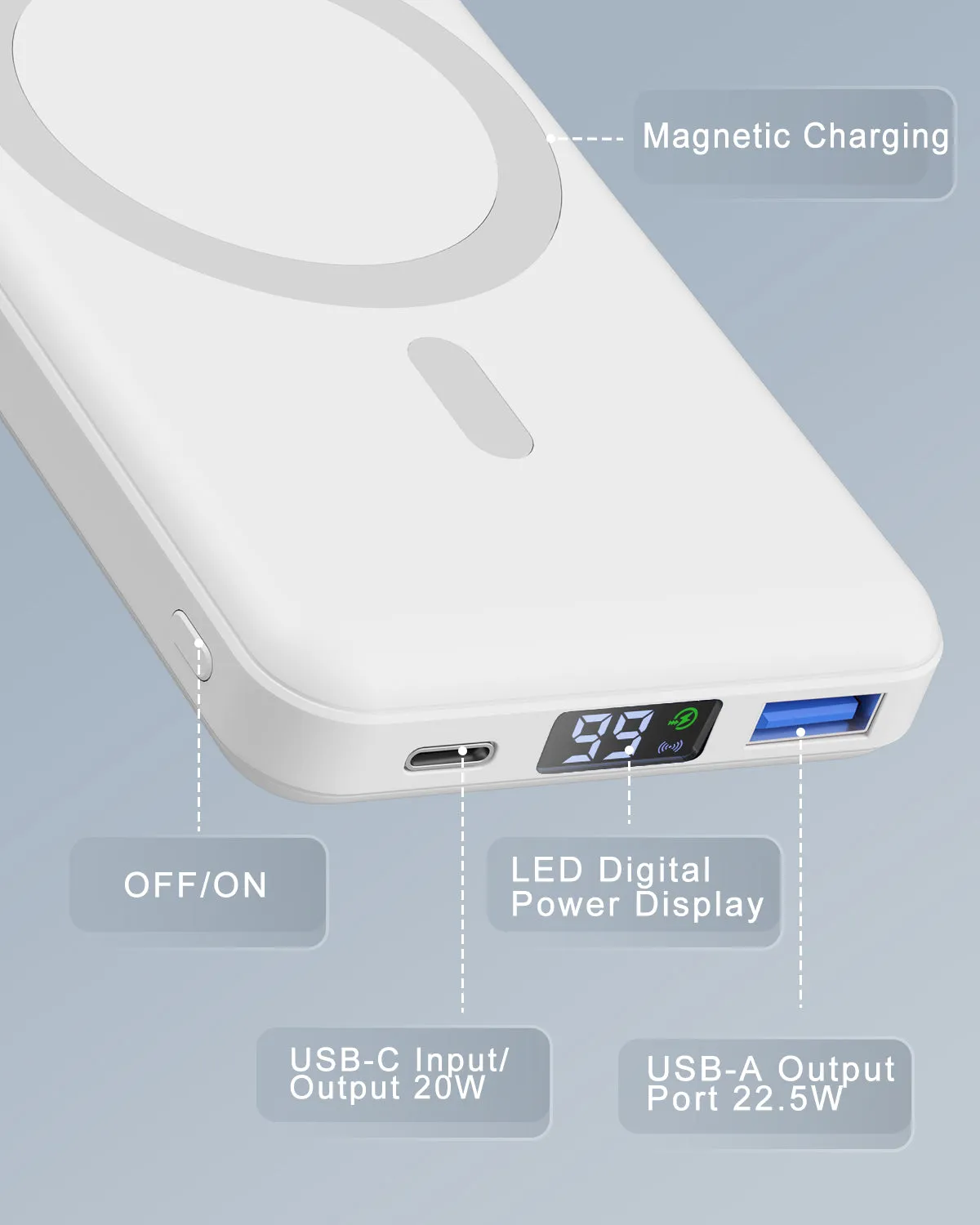 Podoru for Mag-safe Battery Pack, 10000mAh Magnetic Power Bank 22.5W PD Wireless Portable Charger-White (KT-D003)