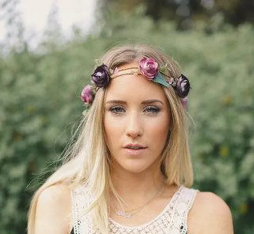 Purple Flower Crown Floral Hair Wreath Double Row Twine Dark & Medium Purple Head Piece Ties To Fit With Crochet Lace