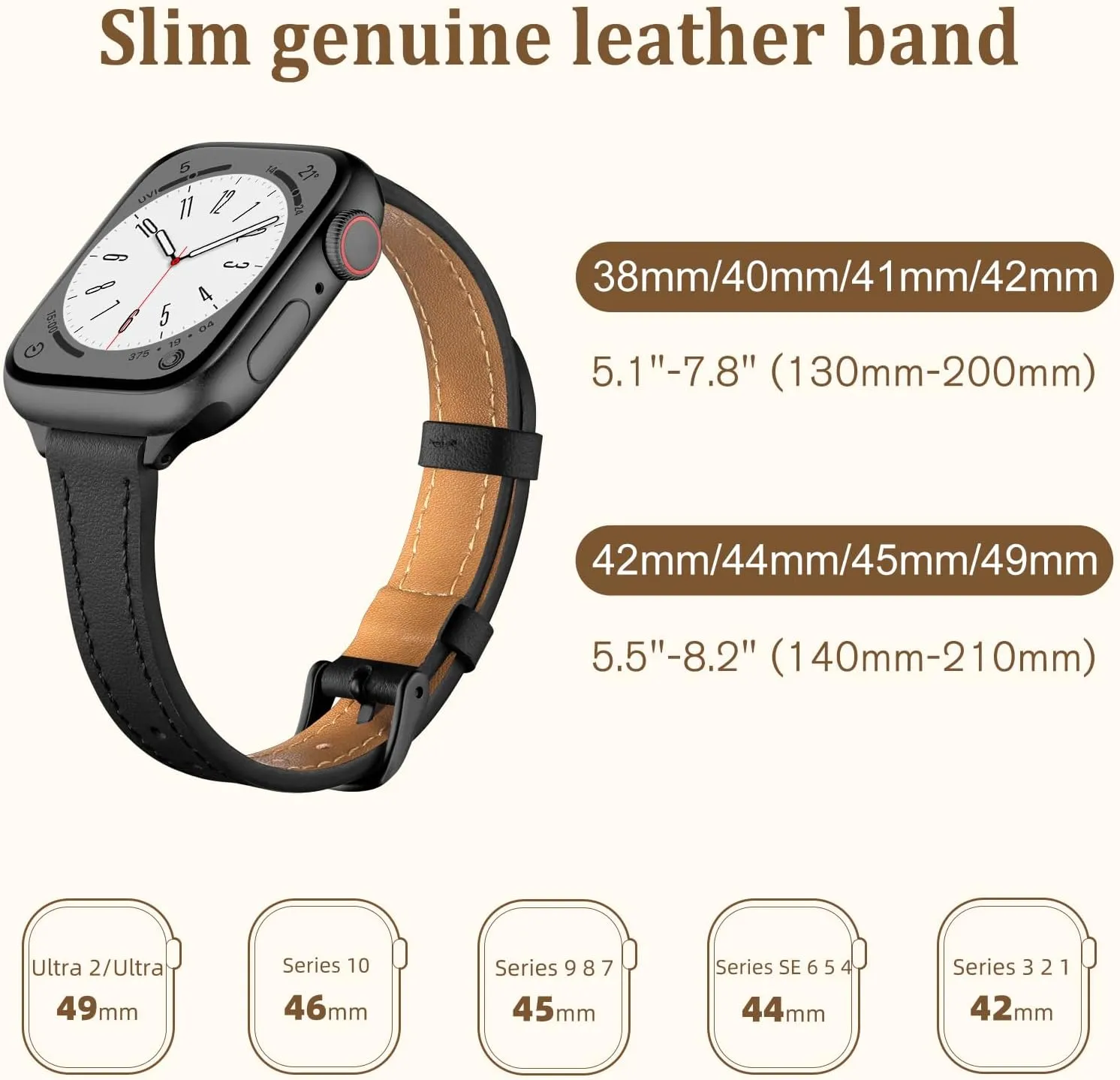 Slim Leather Bands Compatible with Apple Watch Band 38mm 40mm 41mm 42mm 44mm 45mm 46mm 49mm,Top Grain Leather Watch Thin Wristband for iWatch Ultra SE Series 10/9/8/7/6/5/4/3/2/1