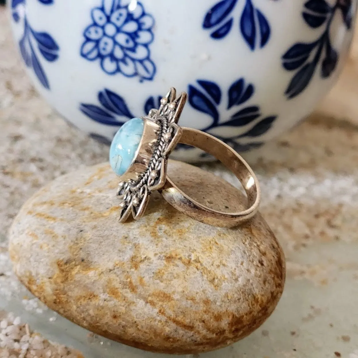 SUNFLOWERS - LARIMAR STONE FLOWER 925 RING