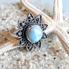 SUNFLOWERS - LARIMAR STONE FLOWER 925 RING
