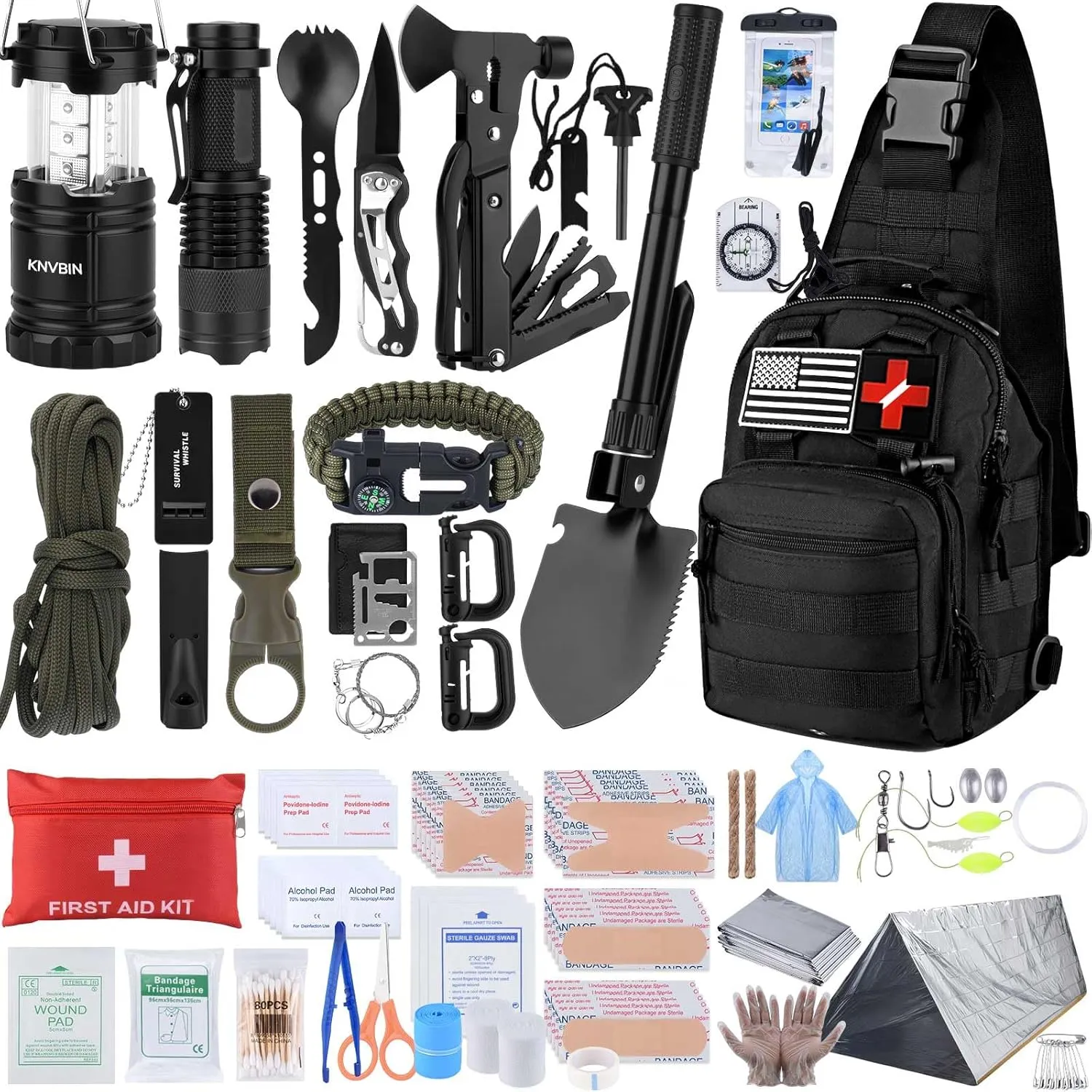 Survival First Aid Kit with Molle Crossbody Bag & Emergency Tent, 250pcs Survival Tools Tactical Gear and Trauma Bag, for Earthquake, Bug Out, Outdoor Adventure, Gifts for Men Fathers Day Dads