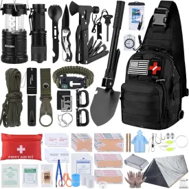 Survival First Aid Kit with Molle Crossbody Bag & Emergency Tent, 250pcs Survival Tools Tactical Gear and Trauma Bag, for Earthquake, Bug Out, Outdoor Adventure, Gifts for Men Fathers Day Dads