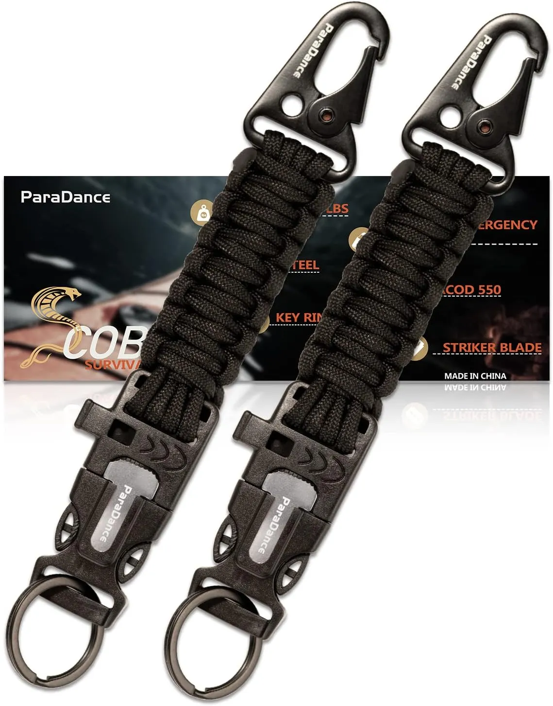 Survival Keychain (5-in-1) with Flint/Striker/Paracord/Whistle/Key Ring, Military Braided Paracord Key Chain w/Carabiner Fire Starter, Ideal for Hiking/Camping/Fishing/Hunting, Outdoor Gear