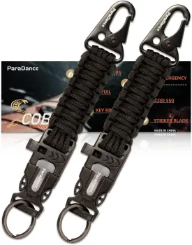 Survival Keychain (5-in-1) with Flint/Striker/Paracord/Whistle/Key Ring, Military Braided Paracord Key Chain w/Carabiner Fire Starter, Ideal for Hiking/Camping/Fishing/Hunting, Outdoor Gear