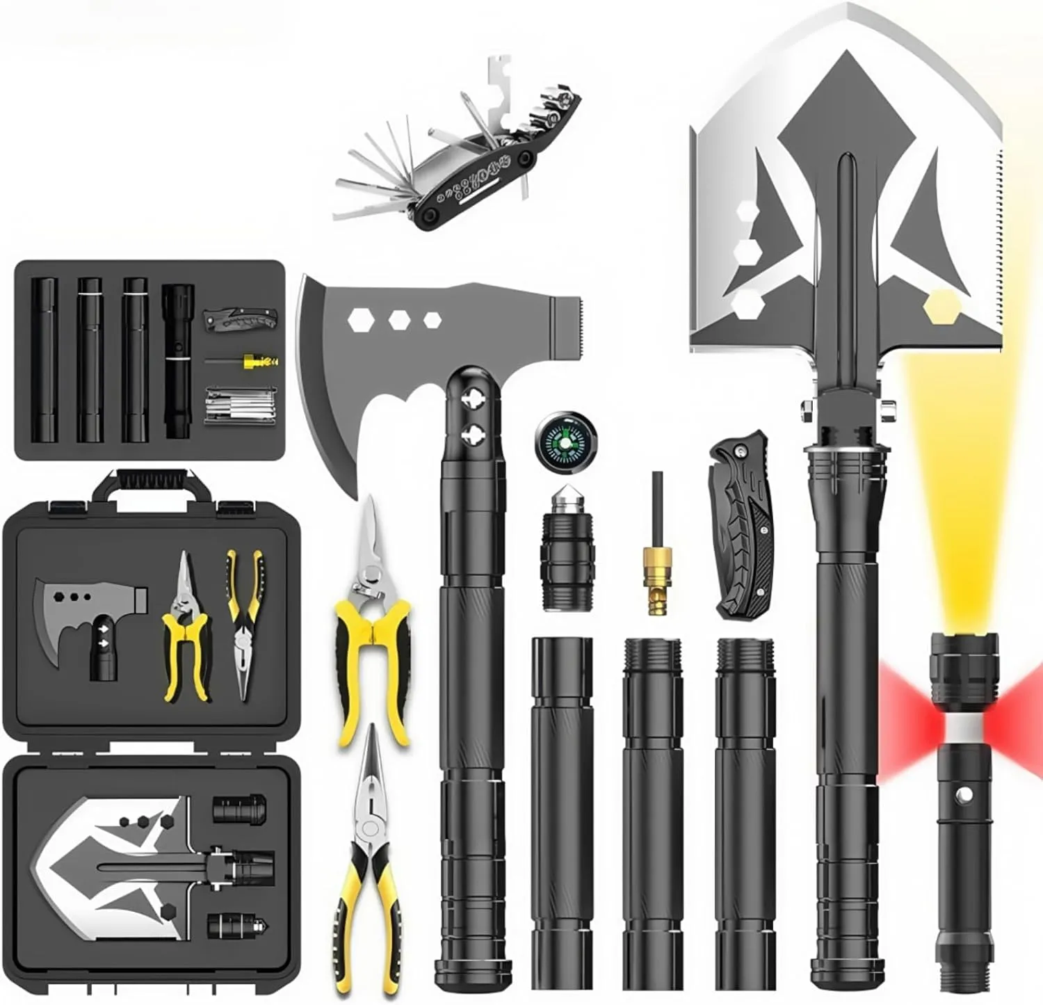 Survival Shovel Survival Axe Set - Camping Shovel Hatchet Survival Tools, with Extension Rod & Flashlight & Pliers & 16-in-1 Multi-Tool, for Cycling, Hiking, Outdoor Camping