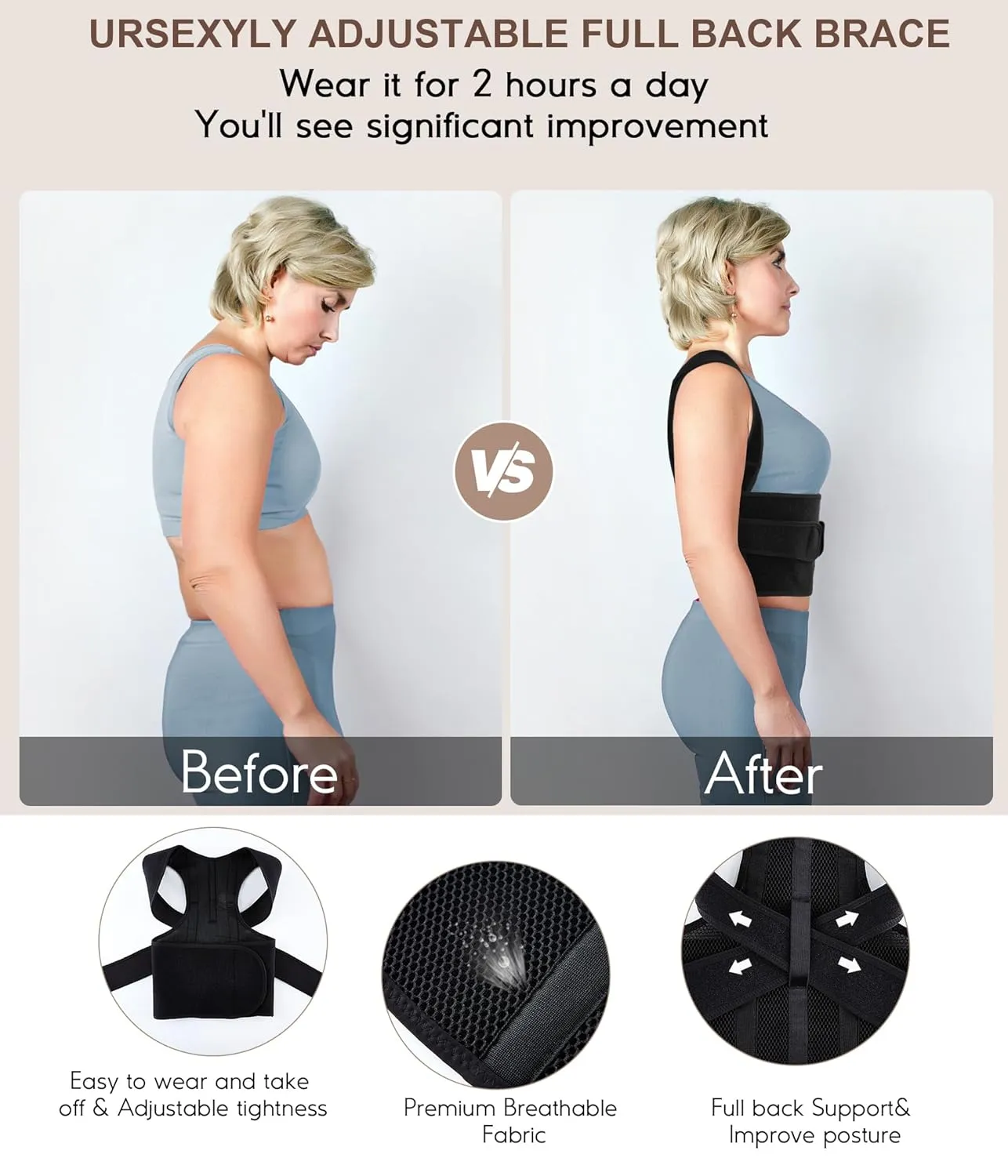 URSEXYLY Back Brace Posture Corrector for Women Adjustable Shoulder Straightener Full Back Support Upper and Lower Back Pain Relief,Spine Back Straightener Posture Corrector (Black, Medium)
