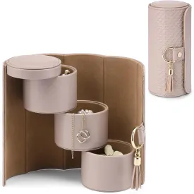Vlando Travel Jewelry Box, Travel Jewelry Case for Women Girls, Earring organizer Necklacke Organizer Ring Organizer Box with Hand-held Design for Travelling - Grey Khaki Inner
