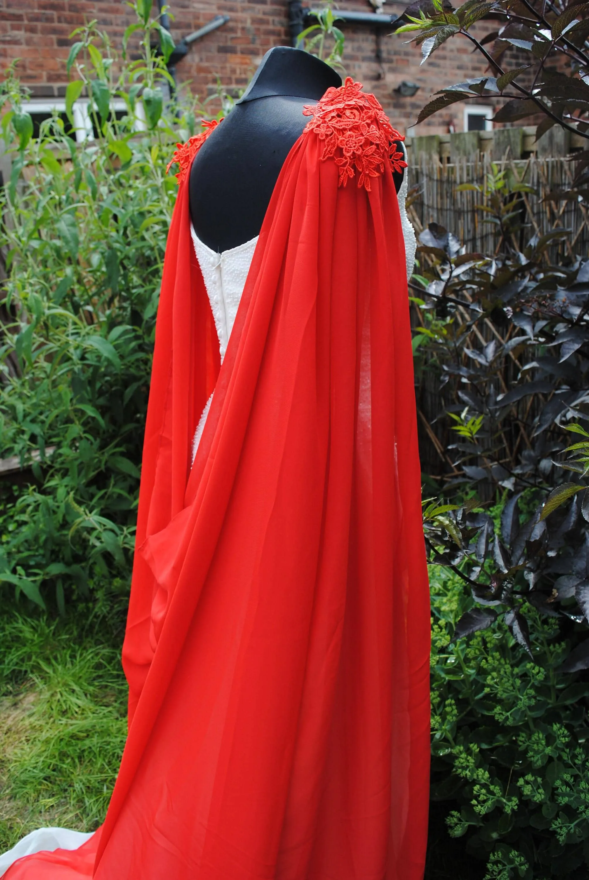 Wedding Cape - Chiffon Bridal Cloak with Lace - Red | 200cm Alternative Wedding Veil Floor Length Winter Wedding