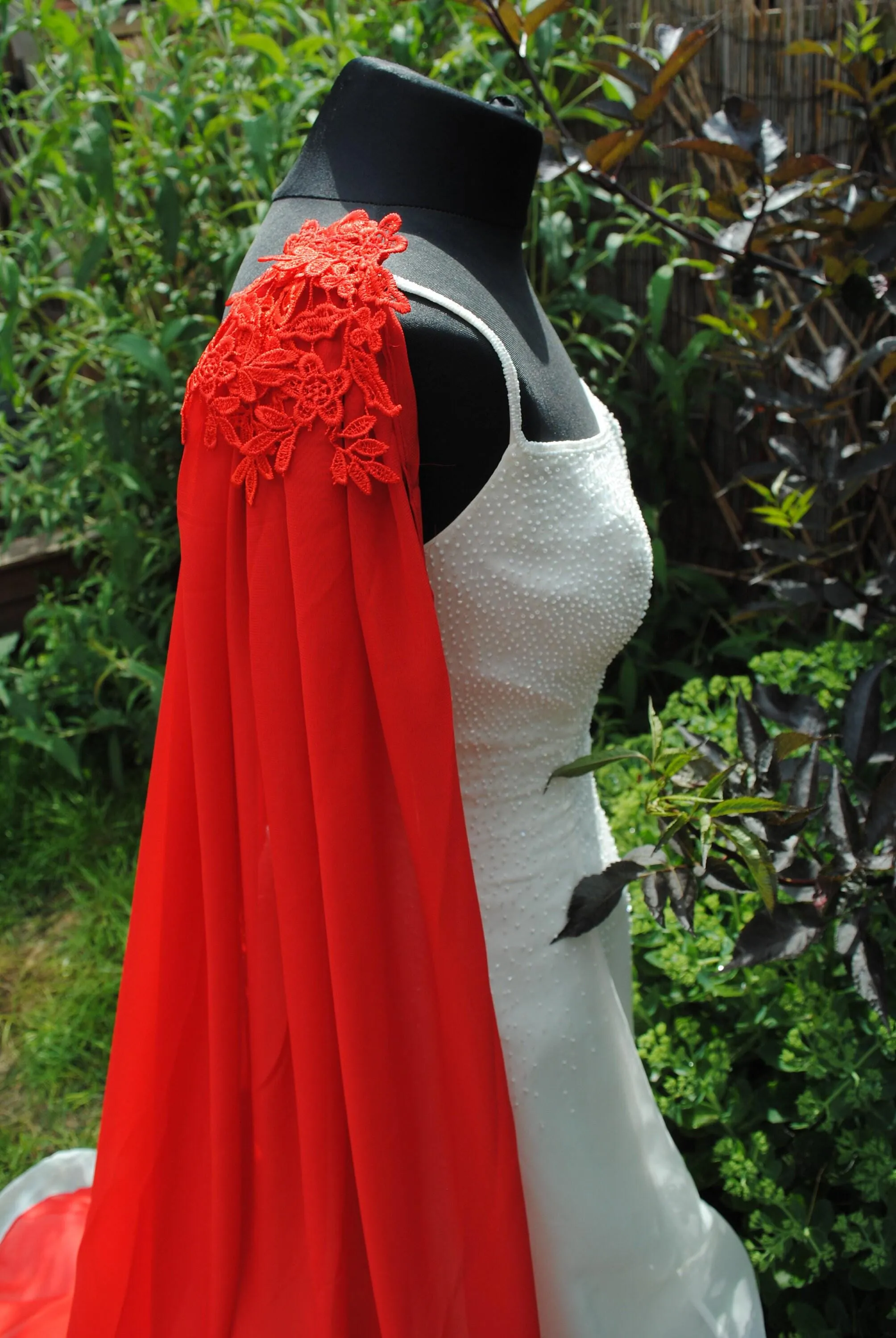 Wedding Cape - Chiffon Bridal Cloak with Lace - Red | 200cm Alternative Wedding Veil Floor Length Winter Wedding