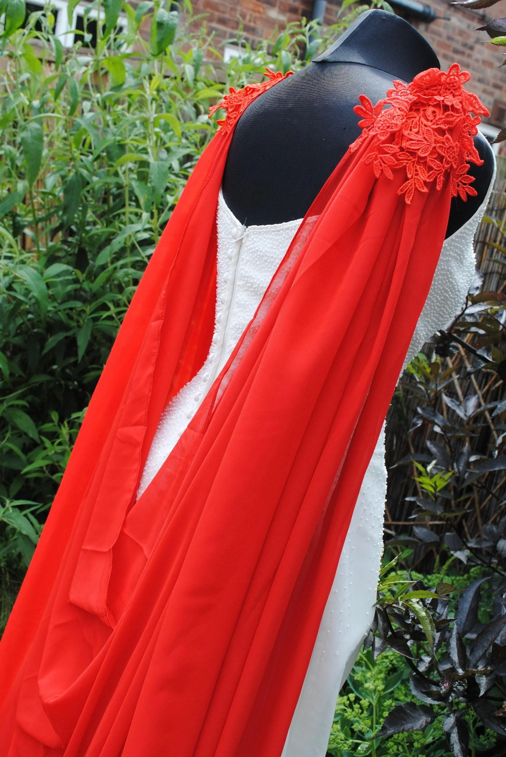 Wedding Cape - Chiffon Bridal Cloak with Lace - Red | 200cm Alternative Wedding Veil Floor Length Winter Wedding