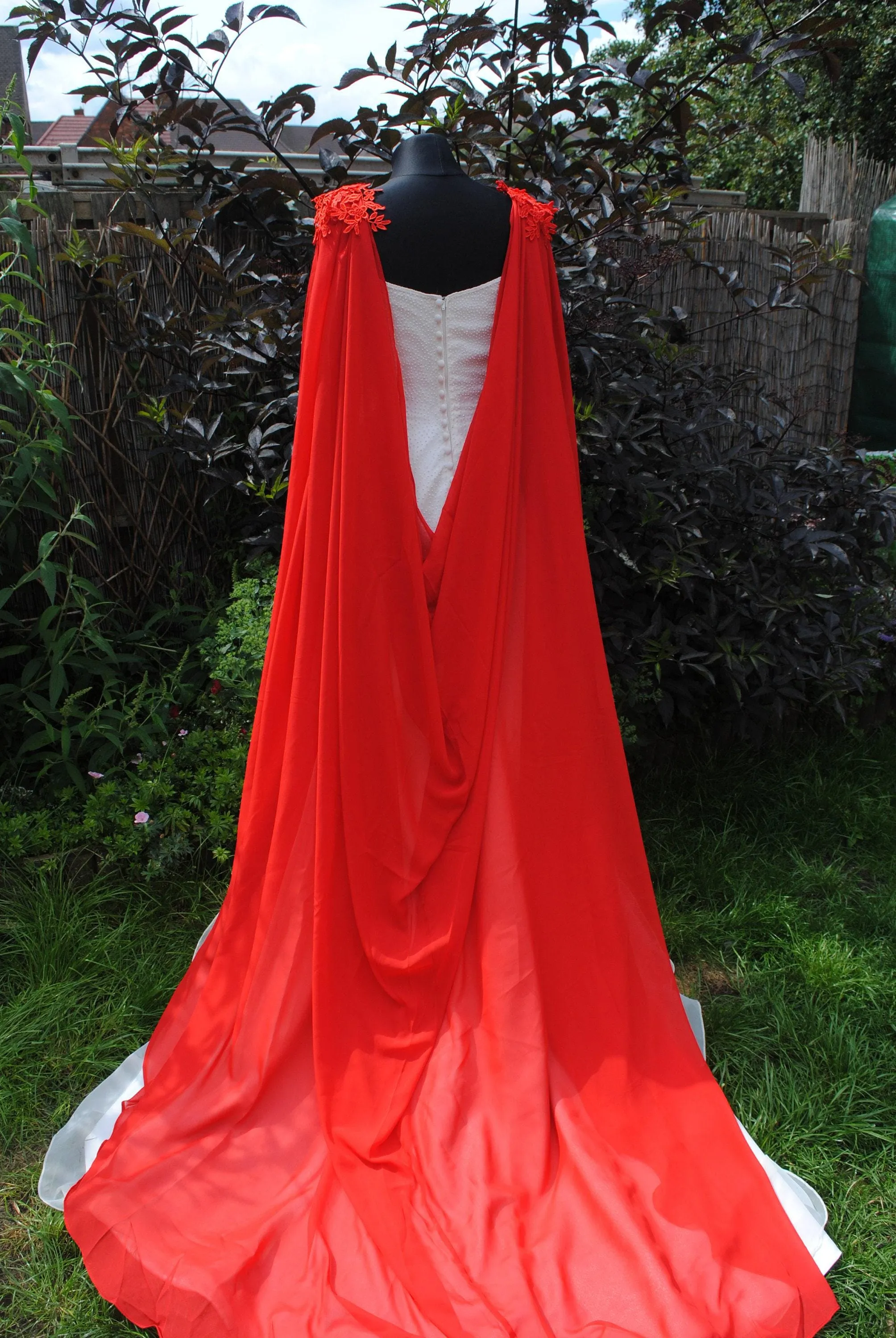 Wedding Cape - Chiffon Bridal Cloak with Lace - Red | 200cm Alternative Wedding Veil Floor Length Winter Wedding