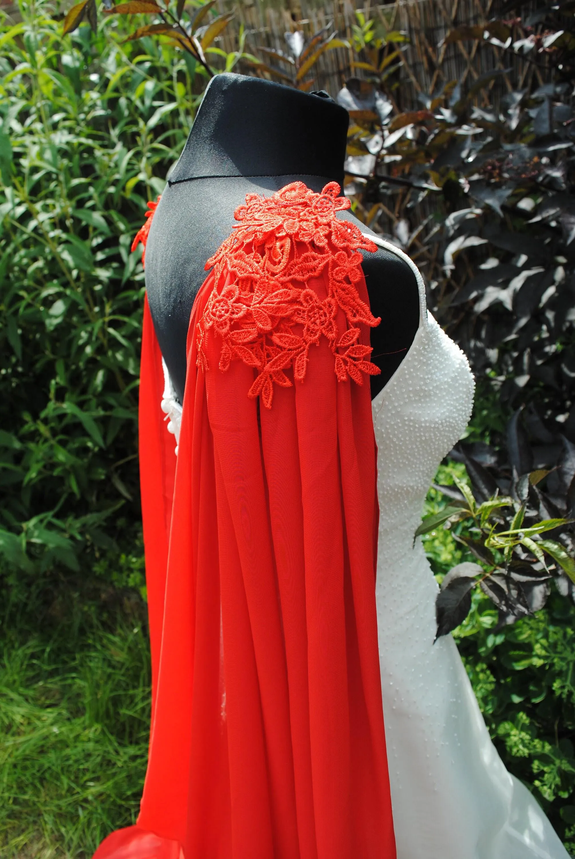 Wedding Cape - Chiffon Bridal Cloak with Lace - Red | 200cm Alternative Wedding Veil Floor Length Winter Wedding
