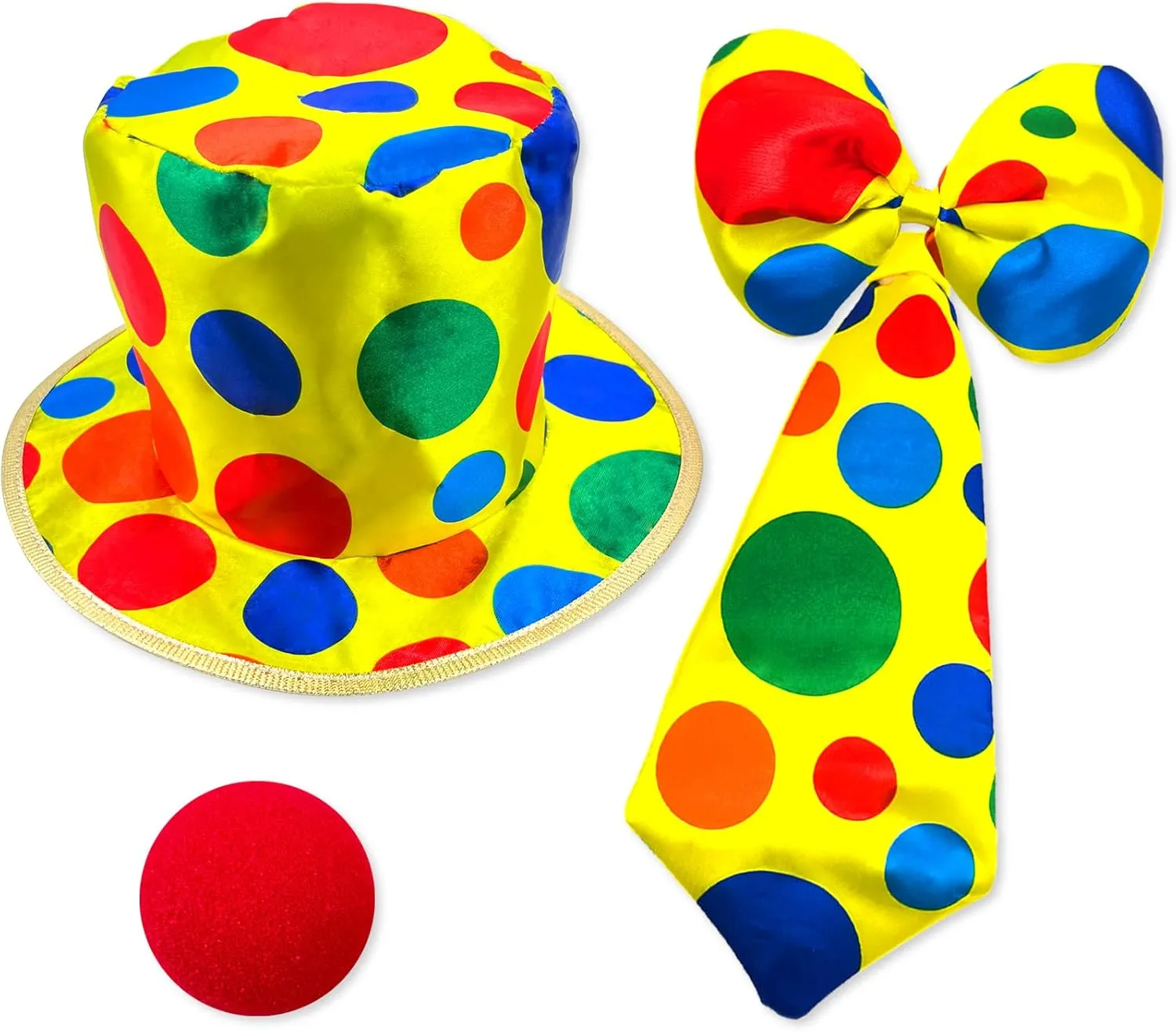 Wittocs Multicolor Polka Dot Clown Top Hat and Gaint Bow Jumbo Tie and Red Nose for Halloween Clown Dress Up Supplies Carnival Circus Costume Accessories Set 4 Pack