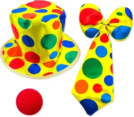 Wittocs Multicolor Polka Dot Clown Top Hat and Gaint Bow Jumbo Tie and Red Nose for Halloween Clown Dress Up Supplies Carnival Circus Costume Accessories Set 4 Pack